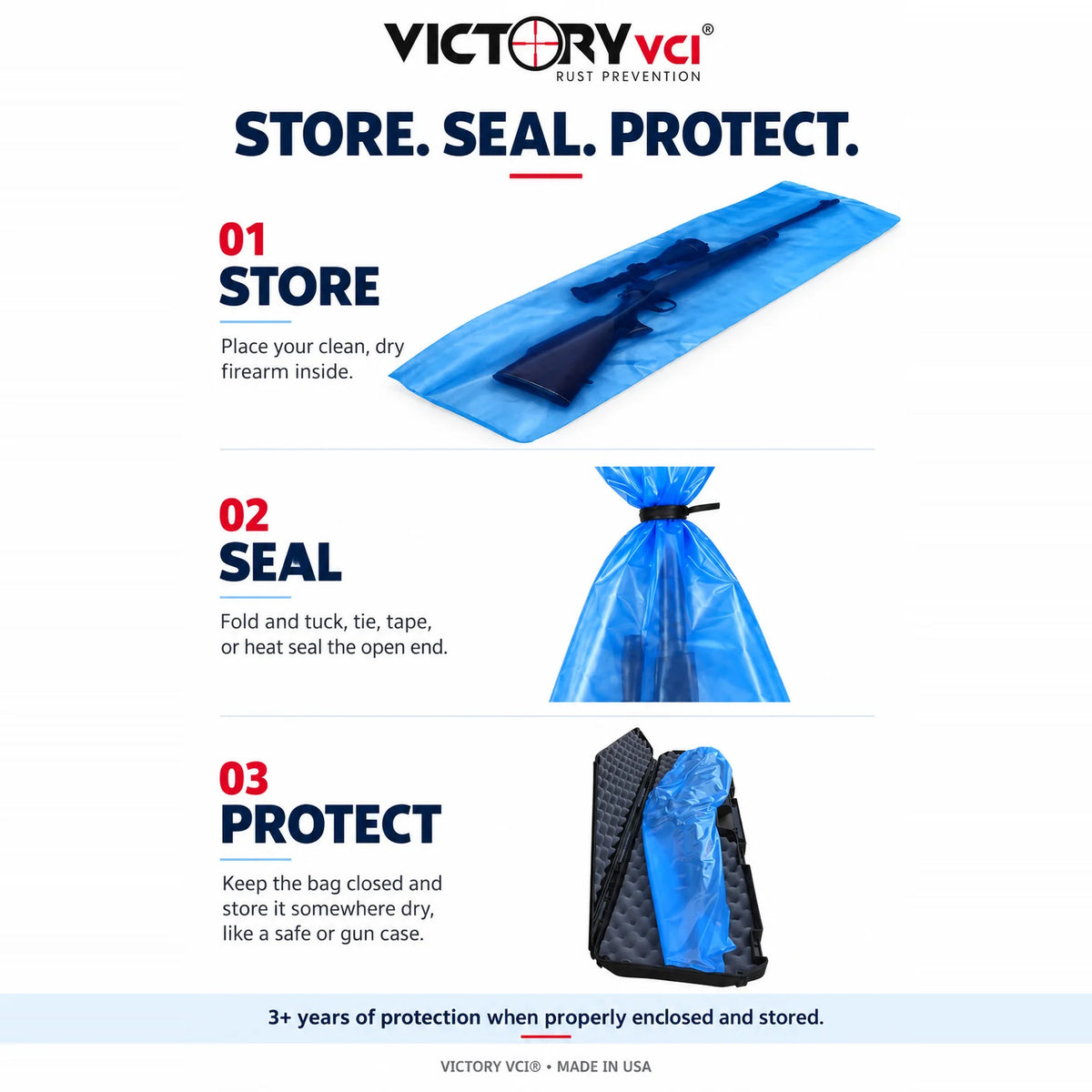How to use a Victory VCI® long gun bag: place a clean, dry rifle inside, seal the open end, and store it in a safe or case.