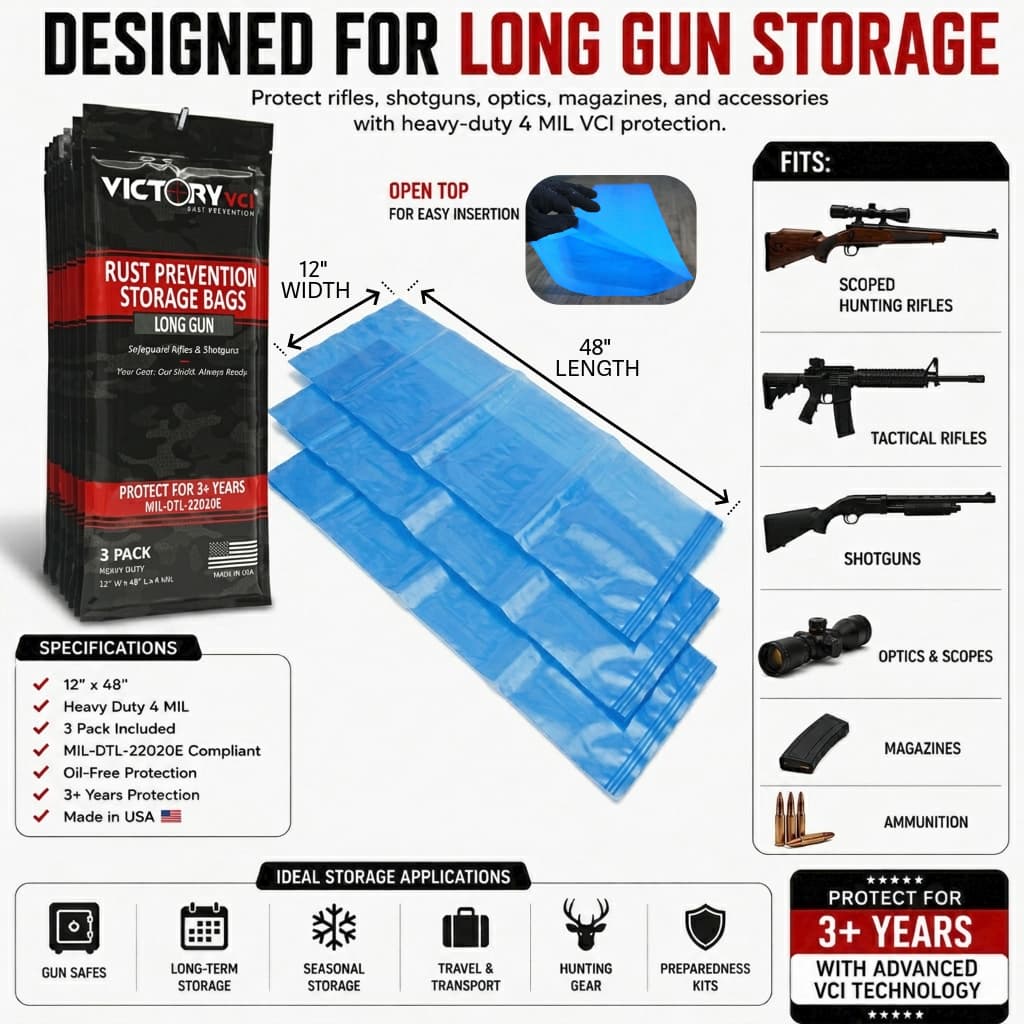 Victory VCI® long gun rust prevention bags 12x48 heavy duty 4 MIL oil-free protection.