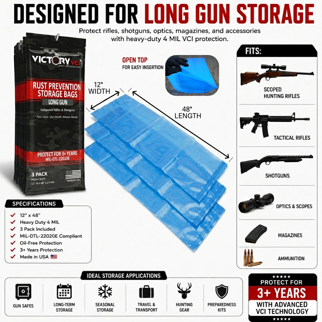 Victory VCI 12x48 long gun bag size guide for standard rifles and shotguns.