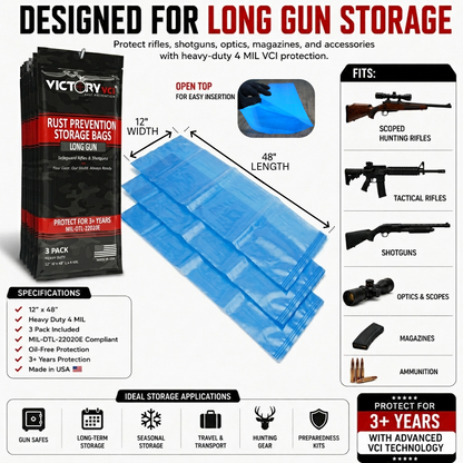 Victory VCI 12x48 long gun bag size guide for standard rifles and shotguns.
