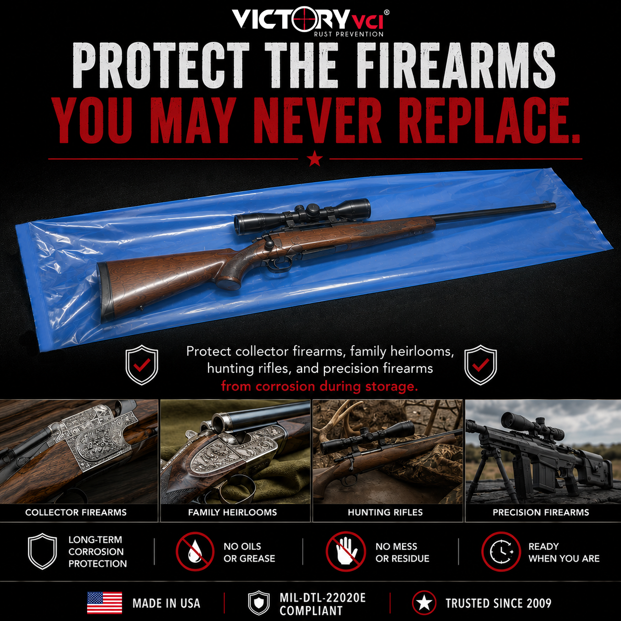 Victory VCI 12x48 storage bags with 3+ year protection, 4-mil film, and Made in USA details.