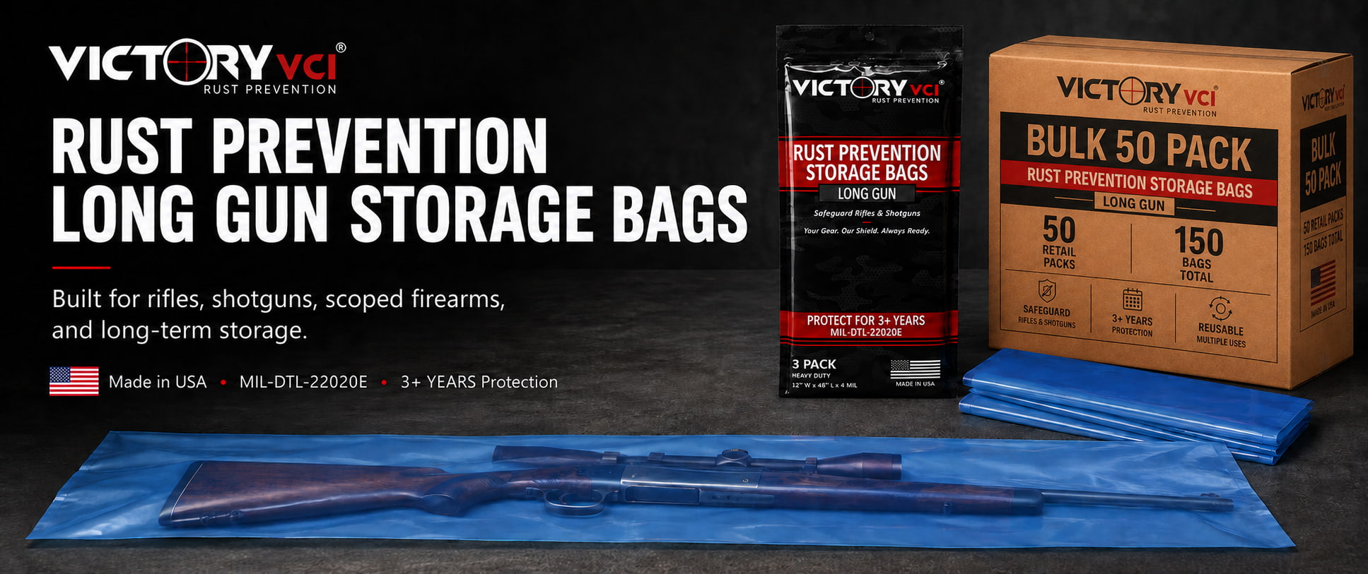 Victory VCI® 12x48 Long Gun Storage Bags Built for Rifles, Shotguns, and Scoped Firearms. Made in USA.