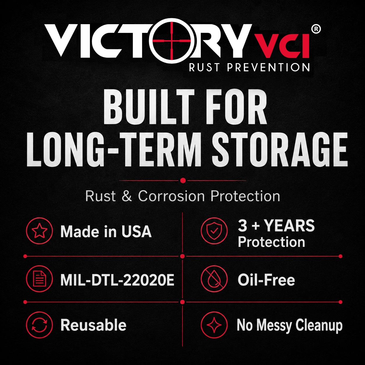 Victory VCI® rust prevention storage bags provide long-term rust and corrosion protection. These Made in USA, MIL-DTL-22020E compliant, oil-free, and reusable bags offer 3+ years of protection with no messy cleanup required.