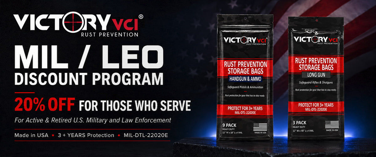 Victory VCI® MIL/LEO discount program — 20% off rust prevention storage bags.