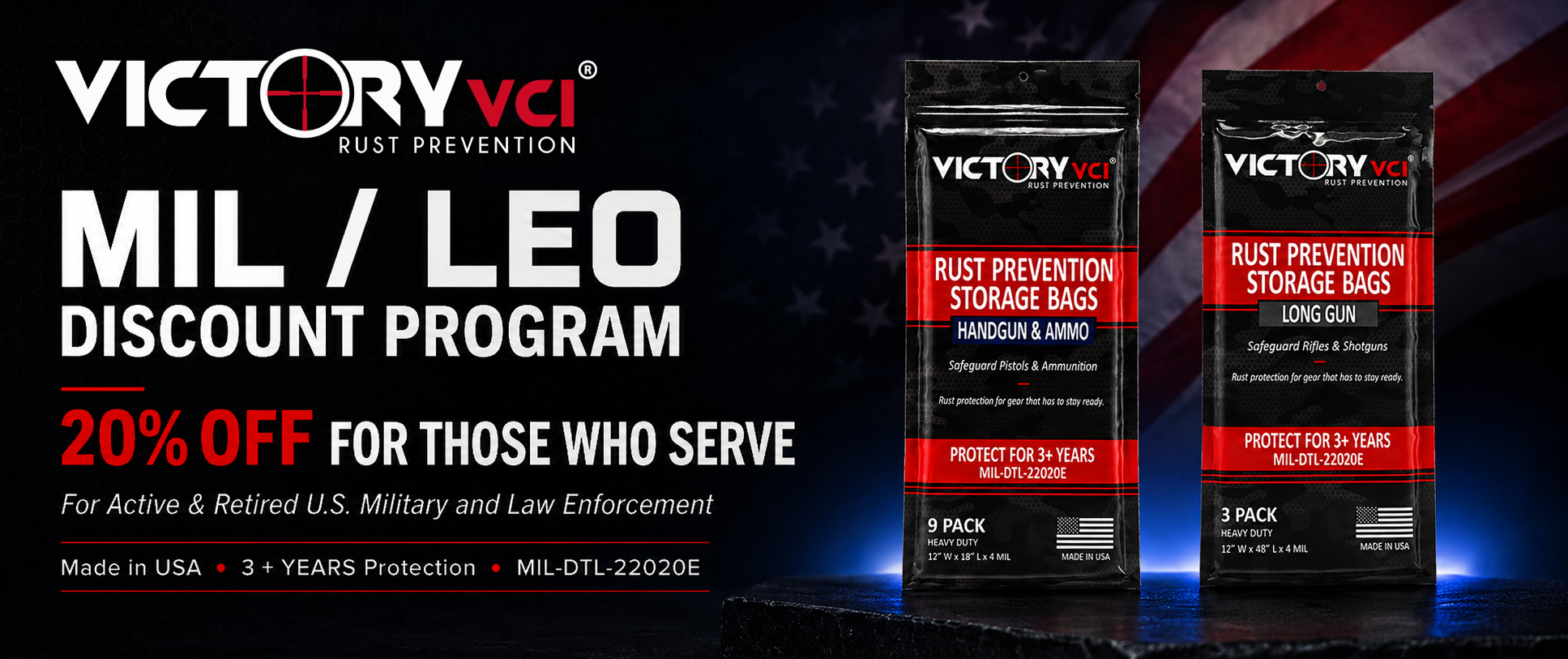 Victory VCI military and law enforcement discount program hero image offering 20% off rust prevention storage bags.