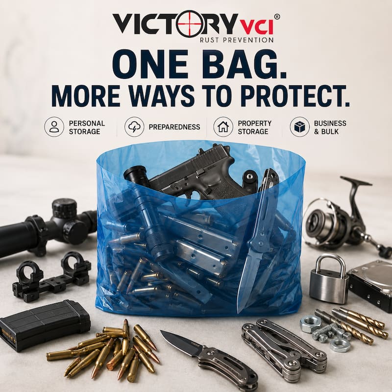 Victory VCI® storage bags for personal storage, preparedness, property storage, and business bulk rust prevention — One Bag, More Ways to Protect.