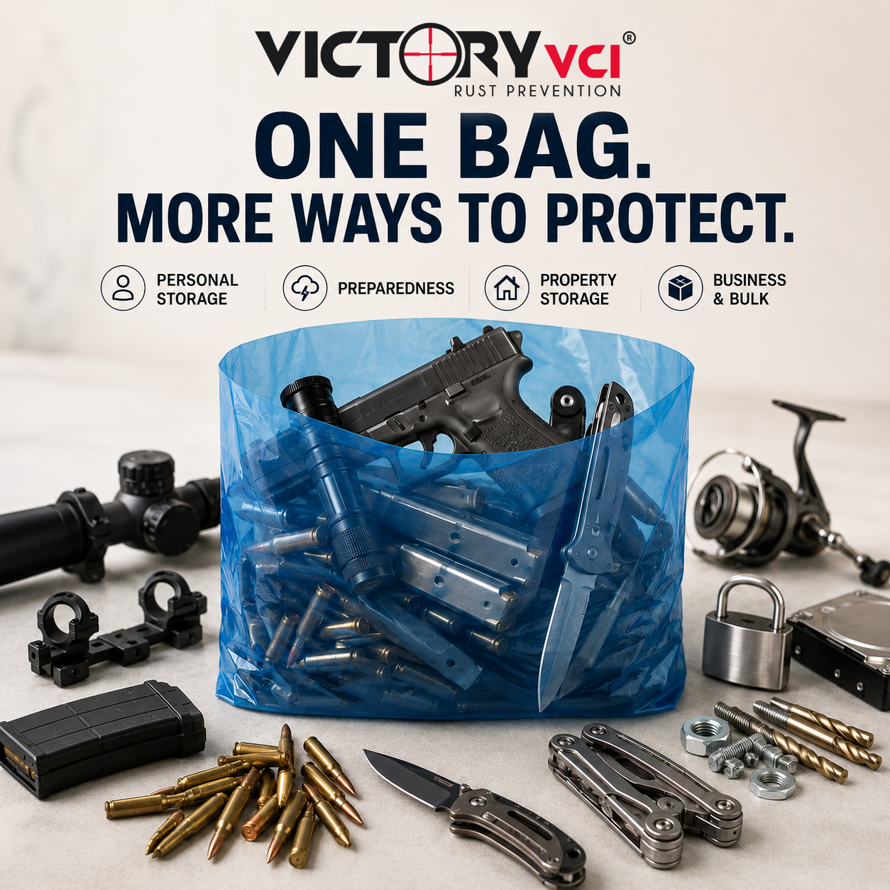 Victory VCI® VCI storage bags for personal storage, preparedness, property storage, and business bulk rust prevention — One Bag, More Ways to Protect.