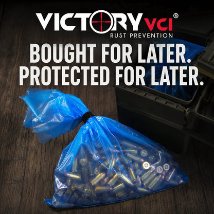 Translucent blue Victory VCI® 12 x 18 open-top storage bags with the retail package.