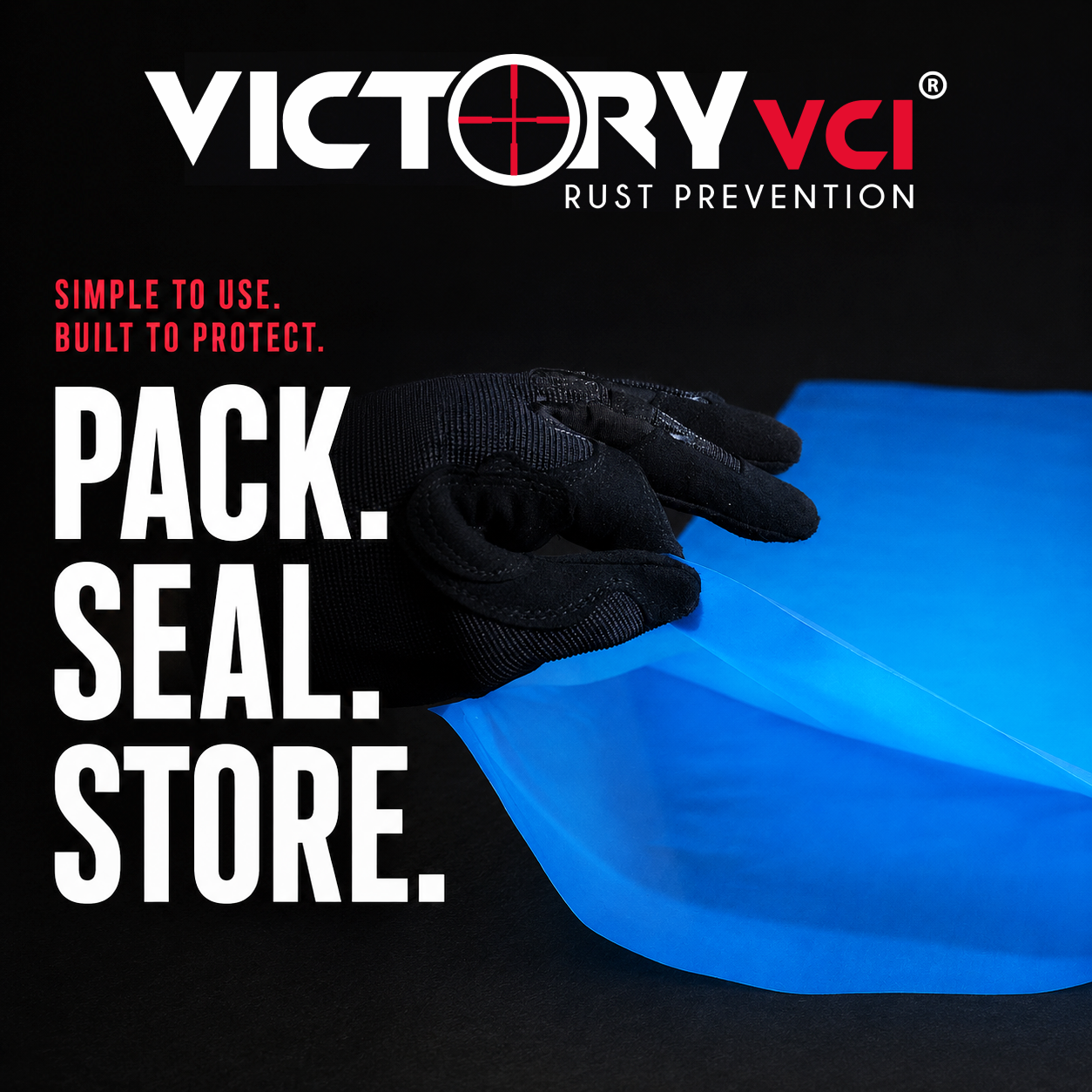 Victory VCI® rust prevention storage bag showing the simple pack, seal, and store method to provide reliable, oil-free, long-term protection for firearms and metal gear.