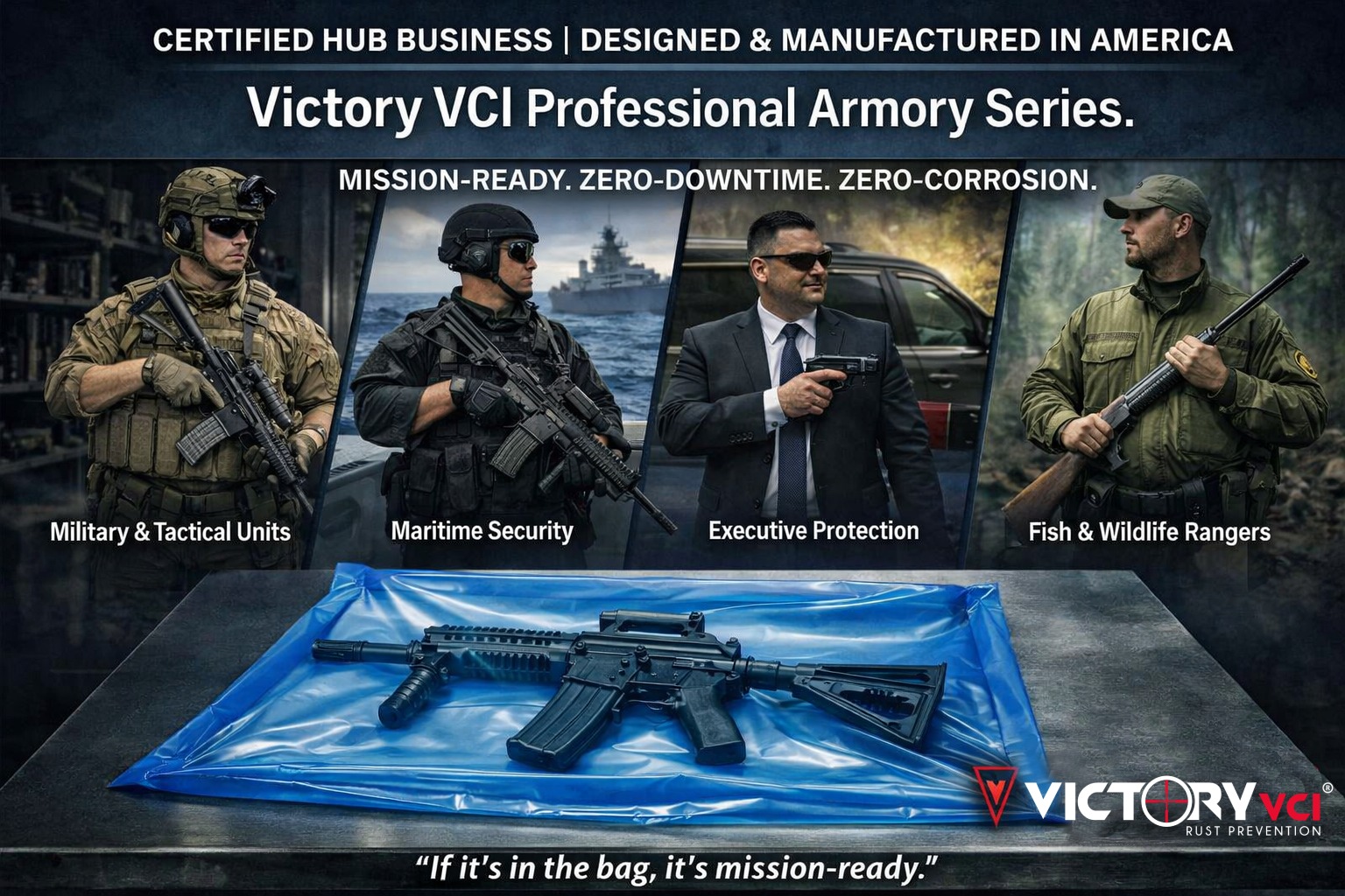 Victory VCI Professional Armory Series — rifle sealed in a VCI bag for Military, Maritime, EP, and Ranger units.
