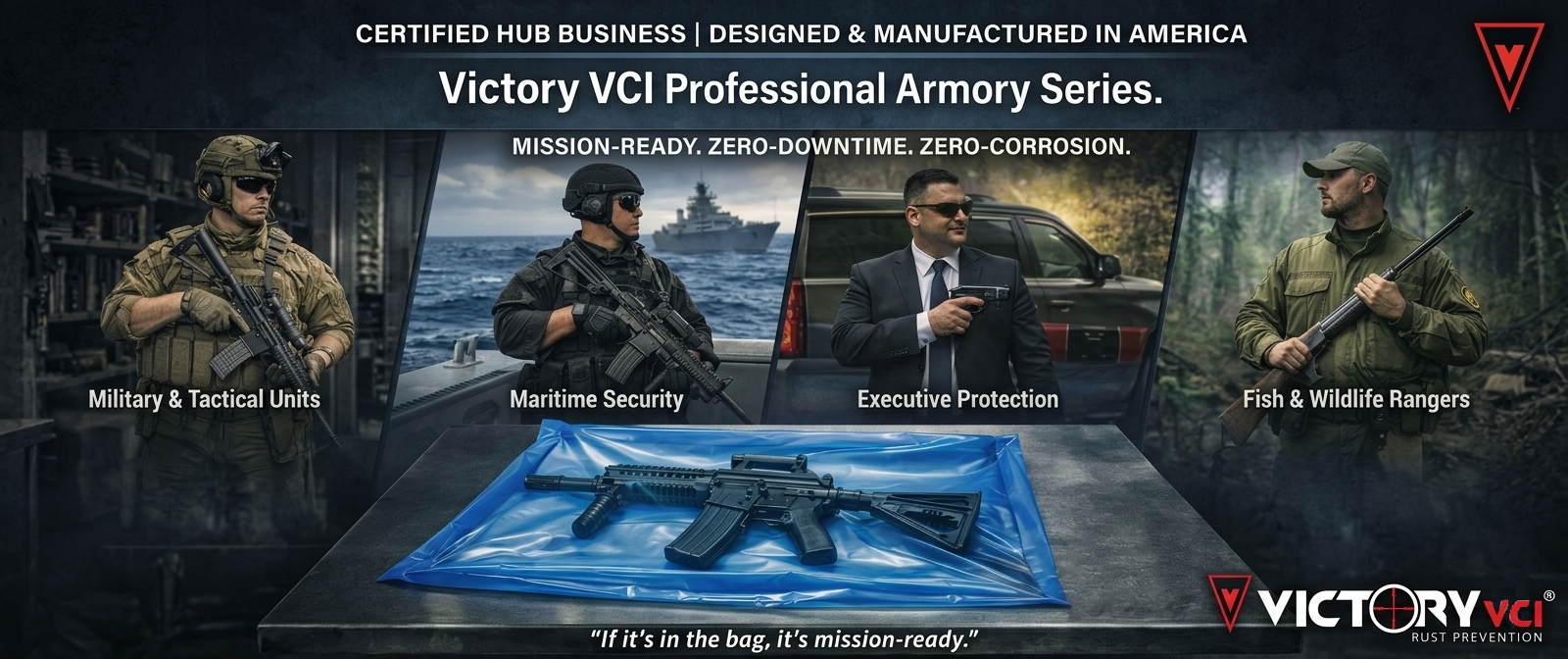 Victory VCI Professional Armory Series — rifle sealed in a VCI bag for Military, Maritime, EP, and Ranger units.