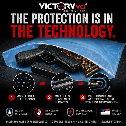 Victory VCI technology explained — VCI molecules fill the bag, bond to metal surfaces, and form a protective layer. No oils, no grease, no mess, no cleanup. MIL-DTL-22020E, made in USA