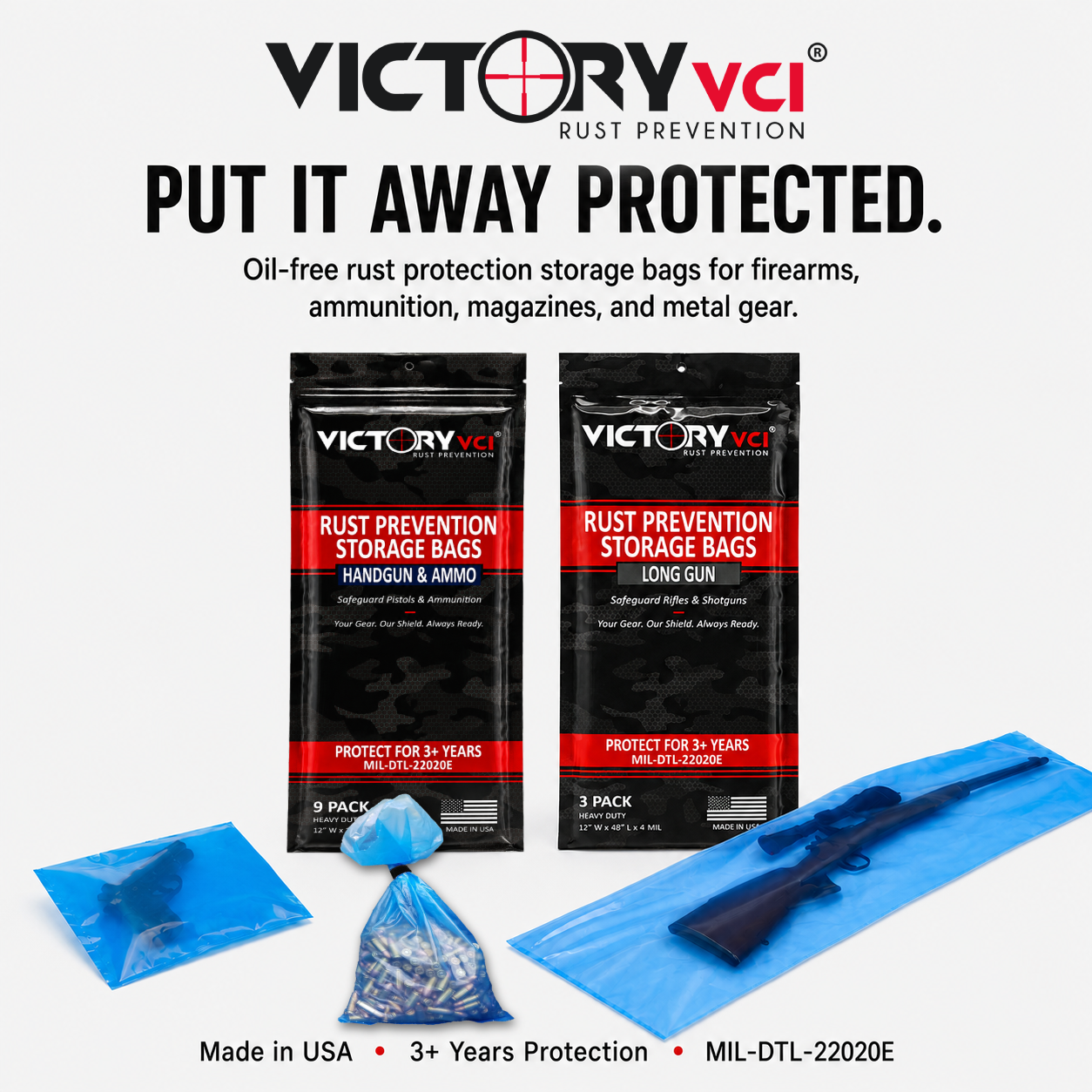Victory VCI® oil-free storage bags protecting firearms and ammunition, meeting MIL-DTL-22020E standards for long-term rust prevention.