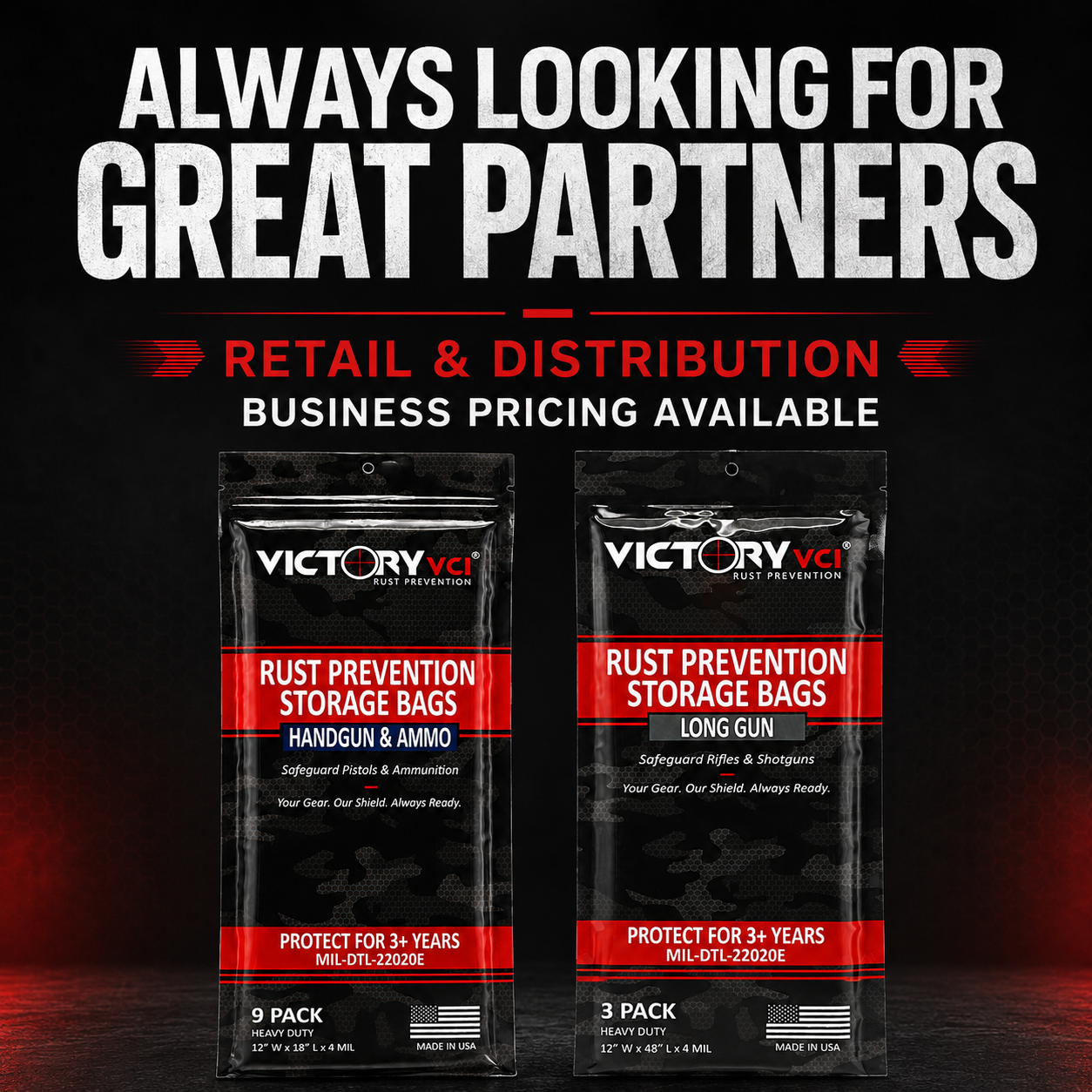 Victory VCI® retail and distribution business pricing is available for qualified partners, dealers, distributors, ranges, and storage programs, featuring Victory VCI® rust prevention storage bags including the handgun and ammo 9-pack and the long gun 3-pack.