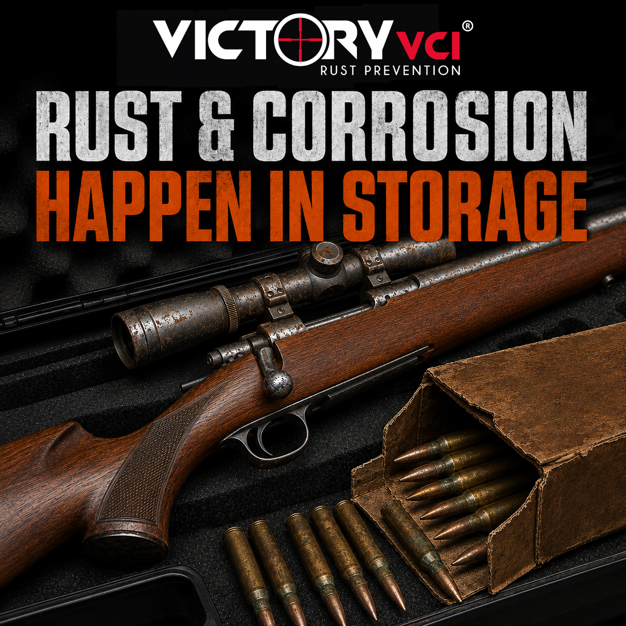 Heavily rusted scoped long gun and corroded ammunition stored in a case — rust and corrosion damage caused by improper metal storage in cardboard box.