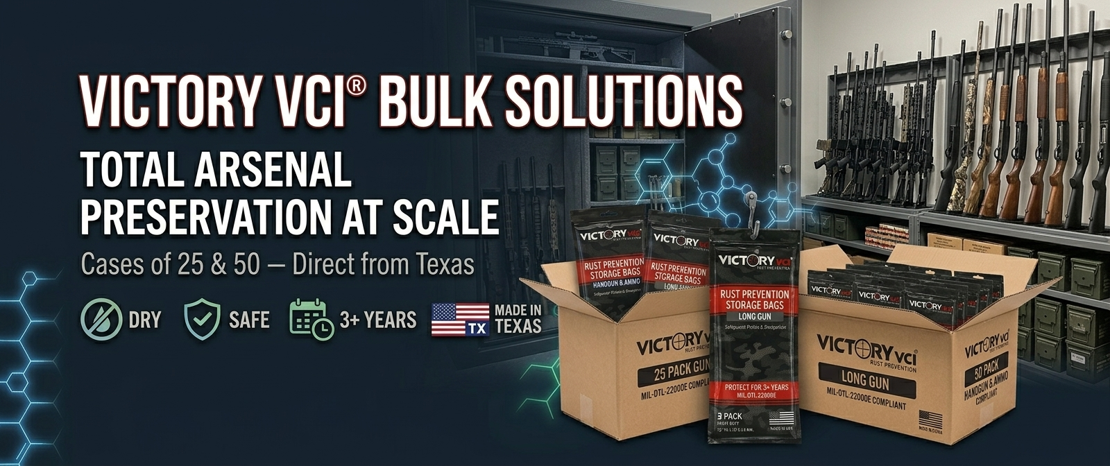 Victory VCI rust prevention bags — bulk cases of 25 and 50 for L.E.O. evidence rooms, forensic storage, and large firearm collections. Made in Texas.