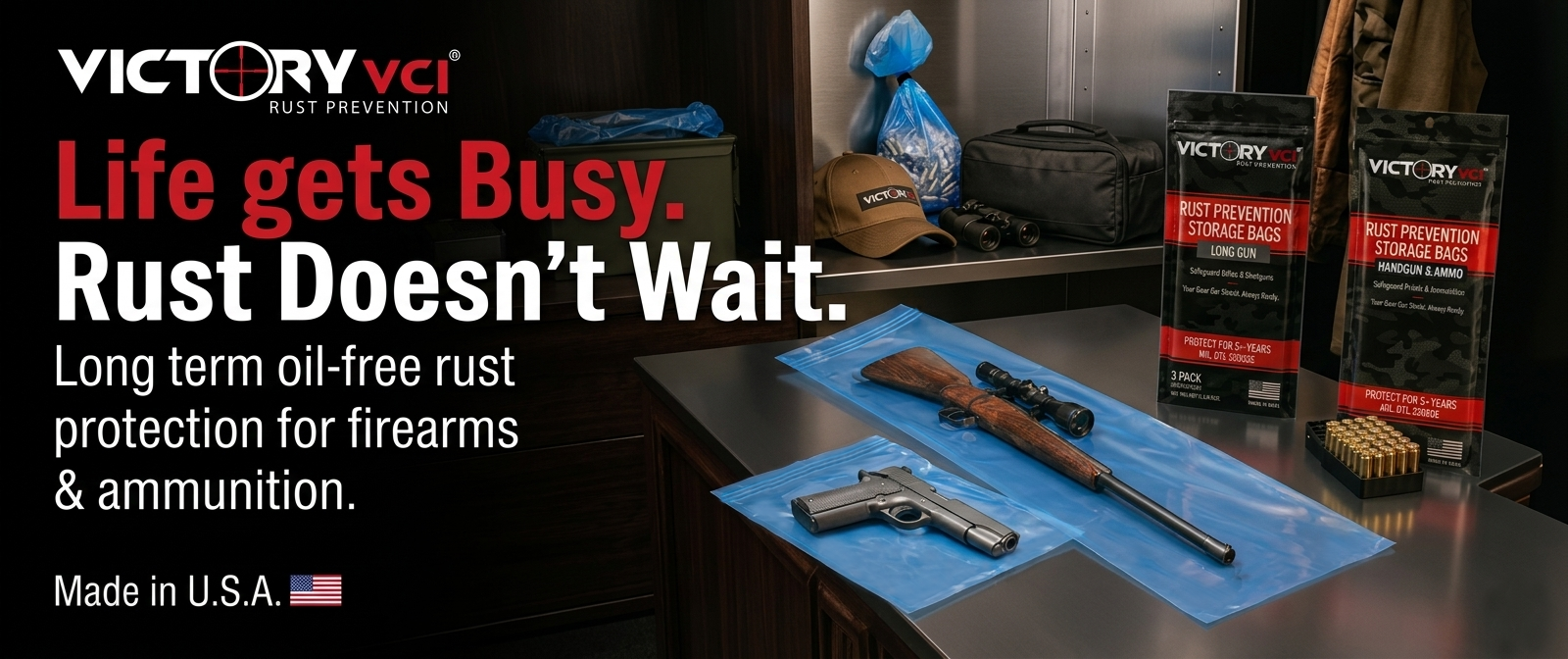 Victory VCI oil-free rust prevention storage bags protecting a scoped long gun rifle and a handgun on a vault workbench with a bag of ammunition.