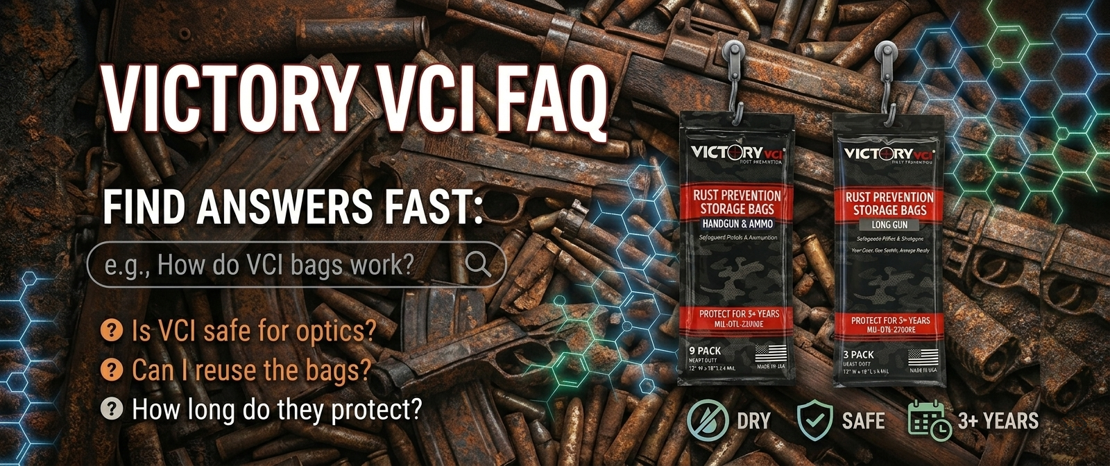 Victory VCI® gun storage bags — expert answers on VCI technology and rust prevention in high-humidity climates. 3+ years protection, no oiling required.