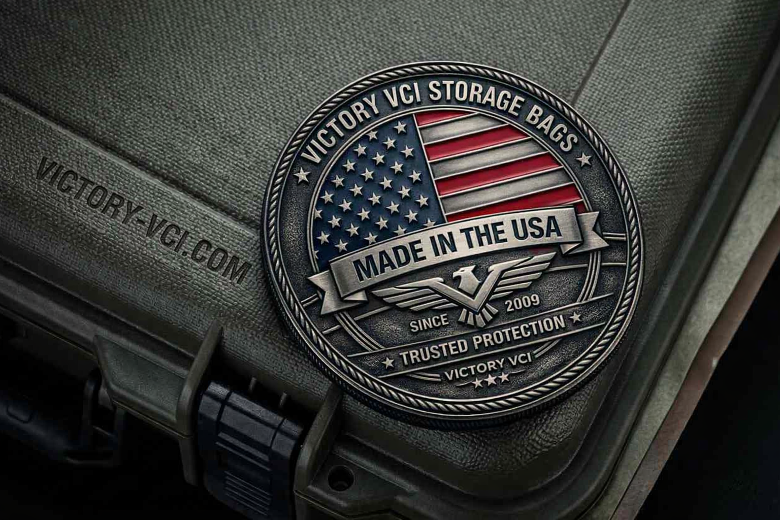 Metallic Victory VCI Storage Bags emblem featuring the American flag and engraved text ‘Made in the USA – Since 2009’ resting on an olive drab tactical case.