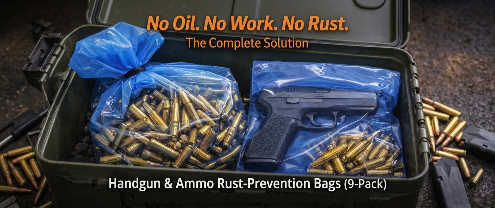 Victory VCI rust prevention handgun and ammo bags protecting a handgun and brass rifle ammunition inside an ammo can—military-grade dry protection.