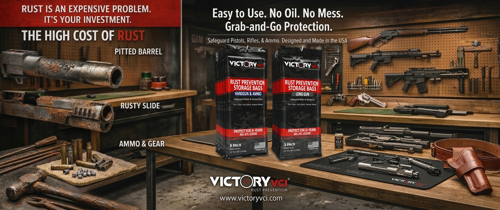 Victory VCI Rust Prevention Storage Bags for handguns, ammunition, and long guns displayed in a workshop setting beside rusted firearm parts and ammunition. Text reads ‘Rust Is an Expensive Problem. It’s Your Investment. The High Cost of Rust.’ and ‘Easy to Use. No Oil. No Mess. Grab‑and‑Go Protection. Safeguard Pistols, Rifles & Ammo. Designed & Made in the USA