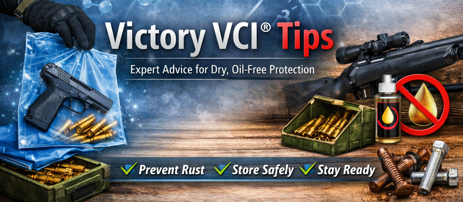 Victory VCI Tips banner showing rust‑prevention bags, firearms, and ammo with no‑oil protection theme.