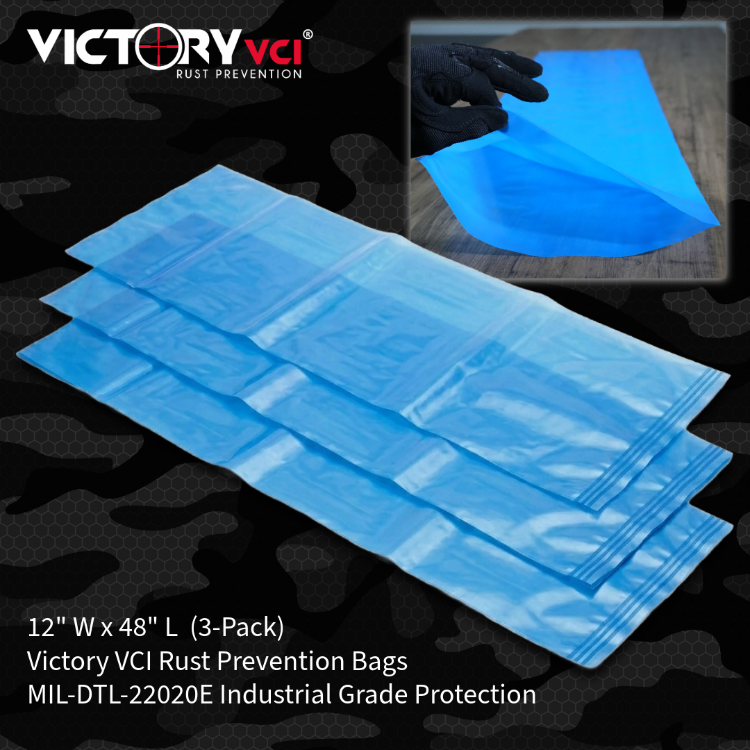 Victory VCI long gun storage bag measuring 12 by 48 inches, featuring military grade MIL DTL 22020E corrosion protection for rifles and shotguns.