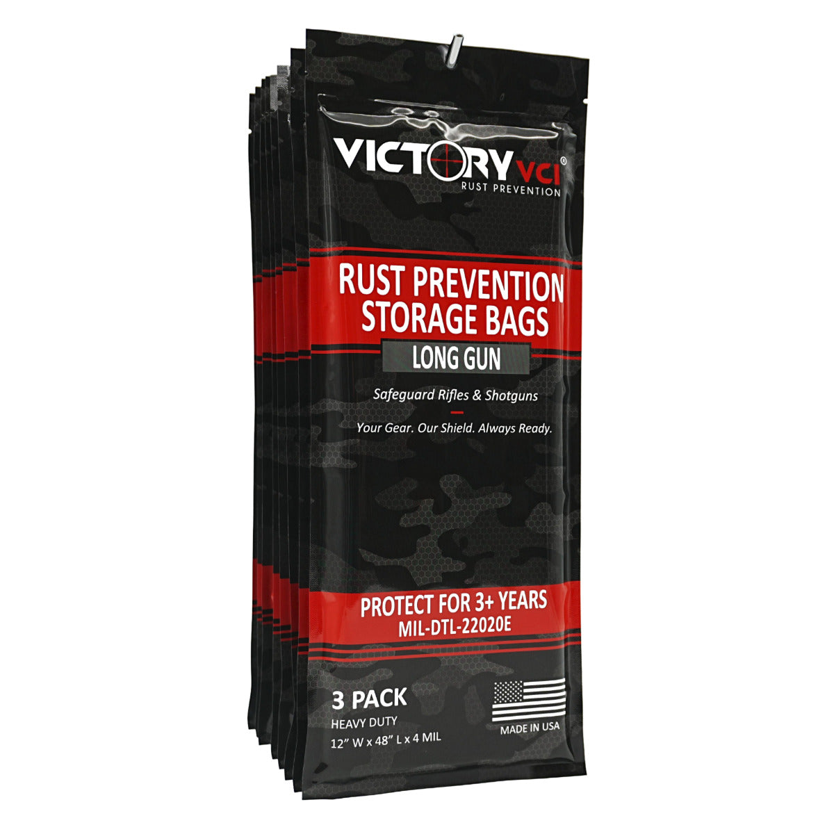 Victory VCI rust prevention storage bags, 12x48 in., 3-pack, 4-mil heavy duty, MIL-DTL-22020E compliant, oil-free, 3+ year protection, made in USA