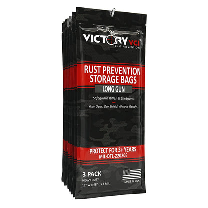 Victory VCI rust prevention storage bags, 12x48 in., 3-pack, 4-mil heavy duty, MIL-DTL-22020E compliant, oil-free, 3+ year protection, made in USA