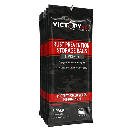 Victory VCI rust prevention storage bags, 12x48 in., 3-pack, 4-mil heavy duty, MIL-DTL-22020E compliant, oil-free, 3+ year protection, made in USA