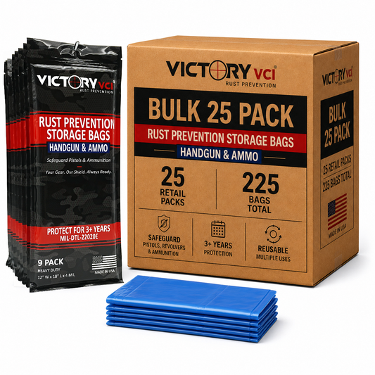 Victory VCI Bulk 25 Pack – 225 total rust prevention storage bags, 9-pack retail, 3+ year protection, reusable, MIL-DTL-22020E compliant, Made in USA.
