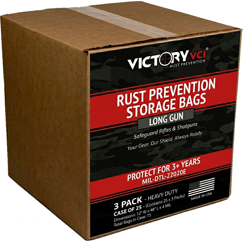 Victory VCI rust prevention storage bags, 12x48 in., 3-pack, case of 25 (75 bags total), MIL-DTL-22020E, 4-mil heavy duty, made in USA