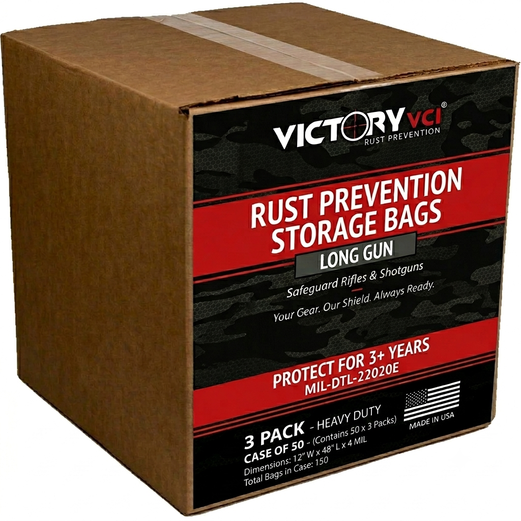 Victory VCI rust prevention storage bags, 12x48 in., 3-pack, case of 50 (150 bags total), MIL-DTL-22020E, 4-mil heavy duty, made in USA