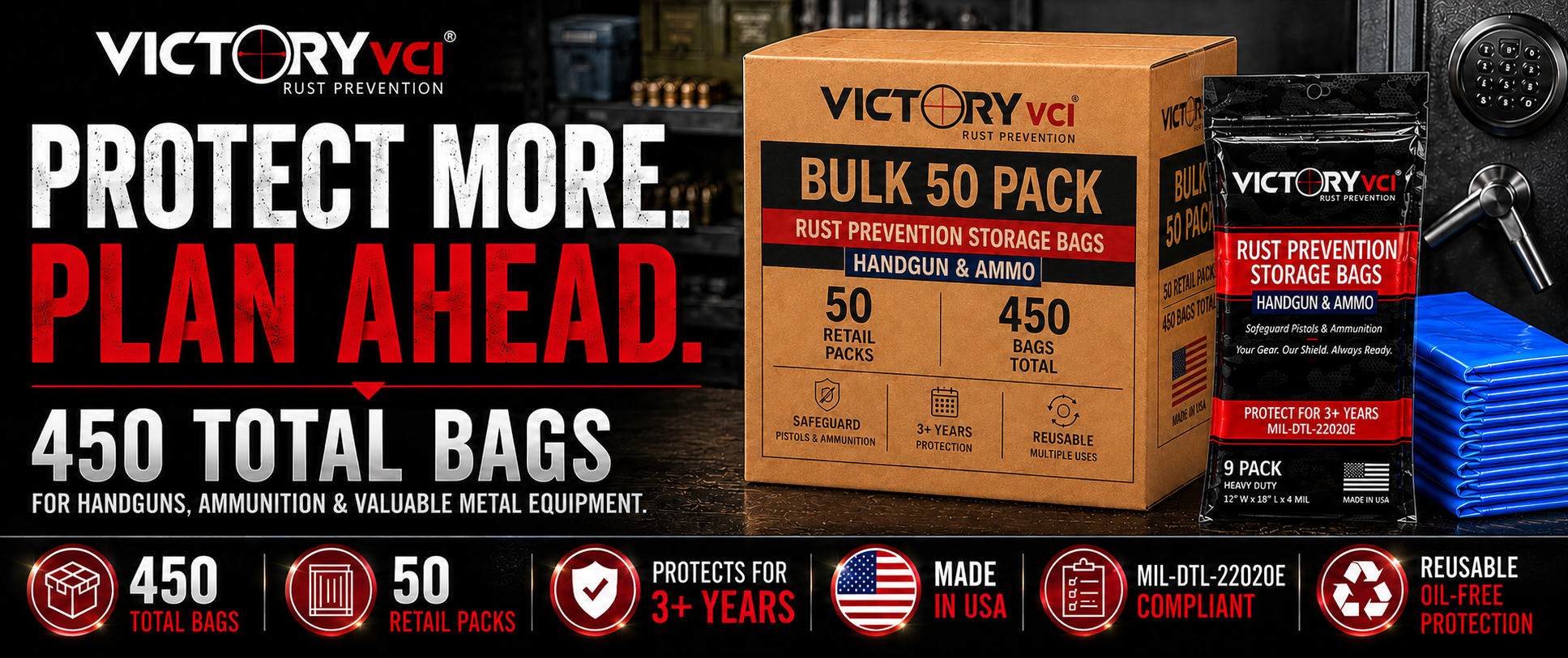 Victory VCI Bulk 50 Pack – 450 total rust prevention storage bags, 50 retail packs, 3+ year protection, MIL-DTL-22020E compliant, reusable, oil-free, Made in USA.