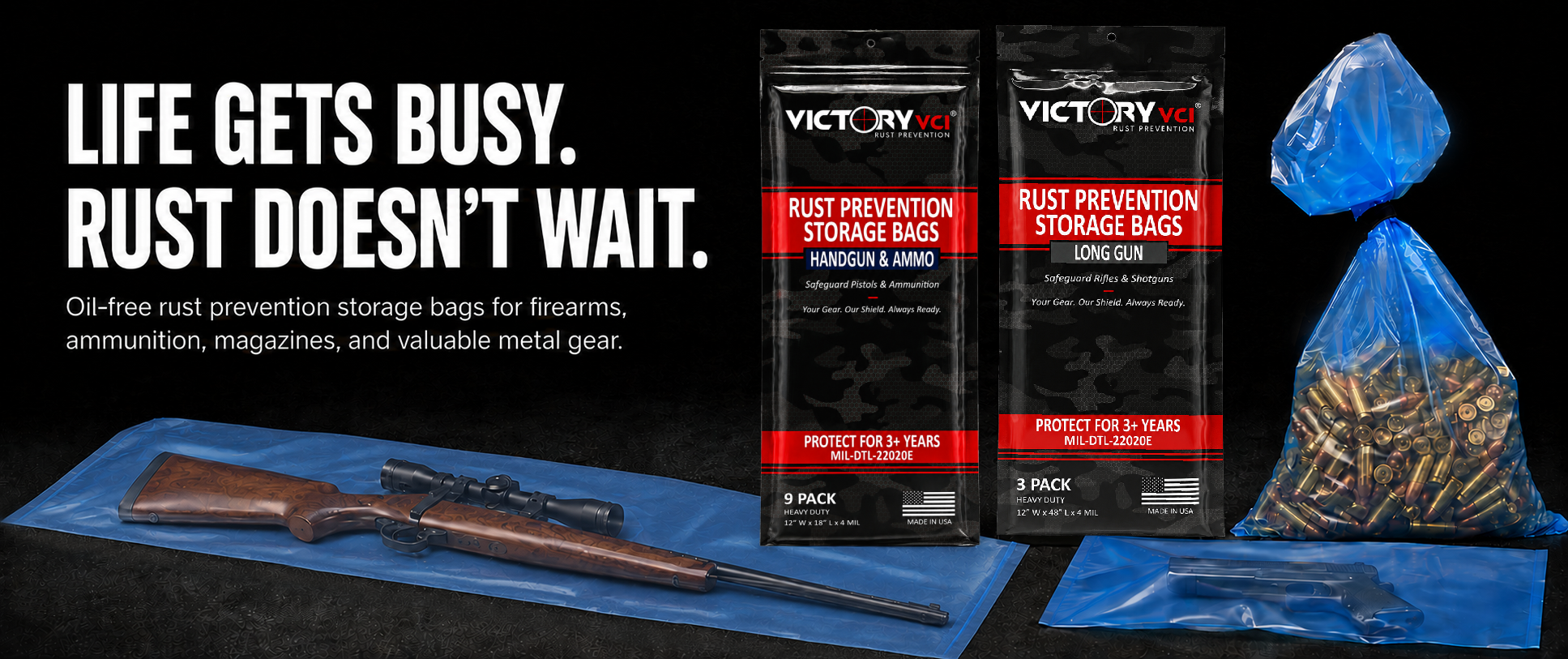Victory VCI rust prevention storage bags for firearms, ammunition, magazines, and valuable metal gear with long gun, handgun, and ammo storage protection.