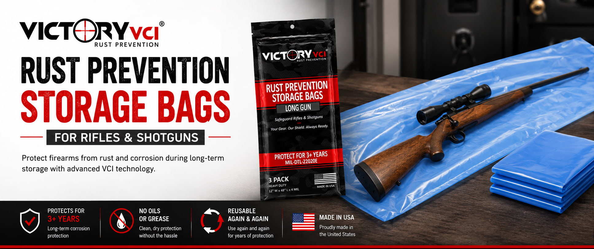 Victory VCI® rust prevention storage bags, 3-pack, MIL-DTL-22020E, USA-made.
