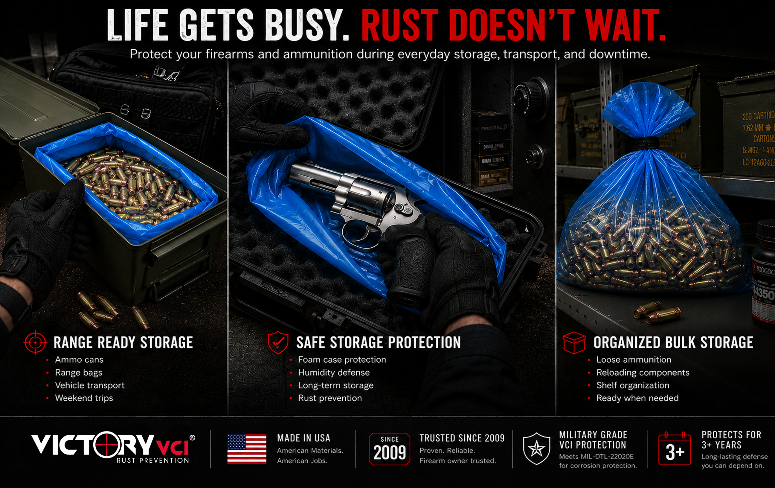 Made in USA Victory VCI Rust Prevention Bags protect your valuables from corrosion for 3+ years during transport and storage.