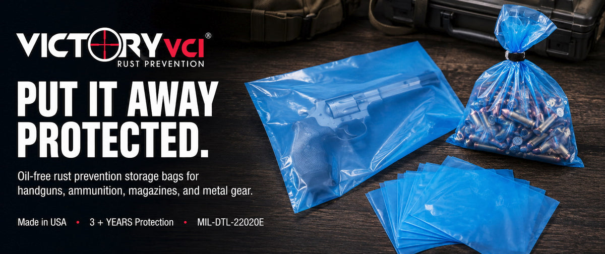 Victory VCI® rust prevention bags for handguns, ammunition, and metal gear. MIL-DTL-22020E Compliant.