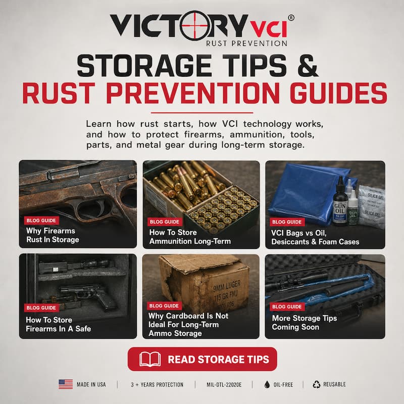 Victory VCI® educational guide covering long-term rust prevention and storage tips for firearms, ammunition, and metal gear, including comparisons of VCI technology to oil, desiccants, and cardboard.