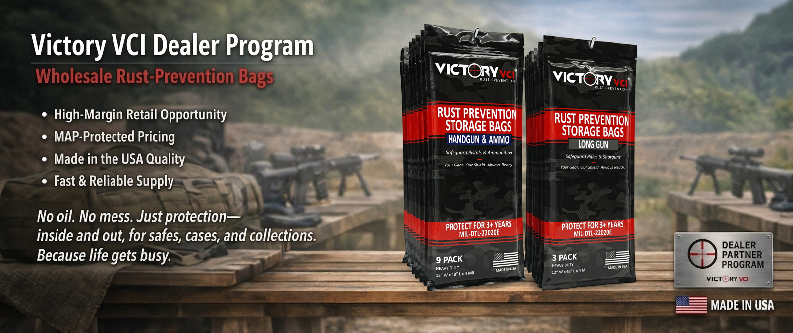 Victory VCI dealer and distributor program — bulk rust prevention storage bags for gun shops, ranges, and armories, made in the USA.