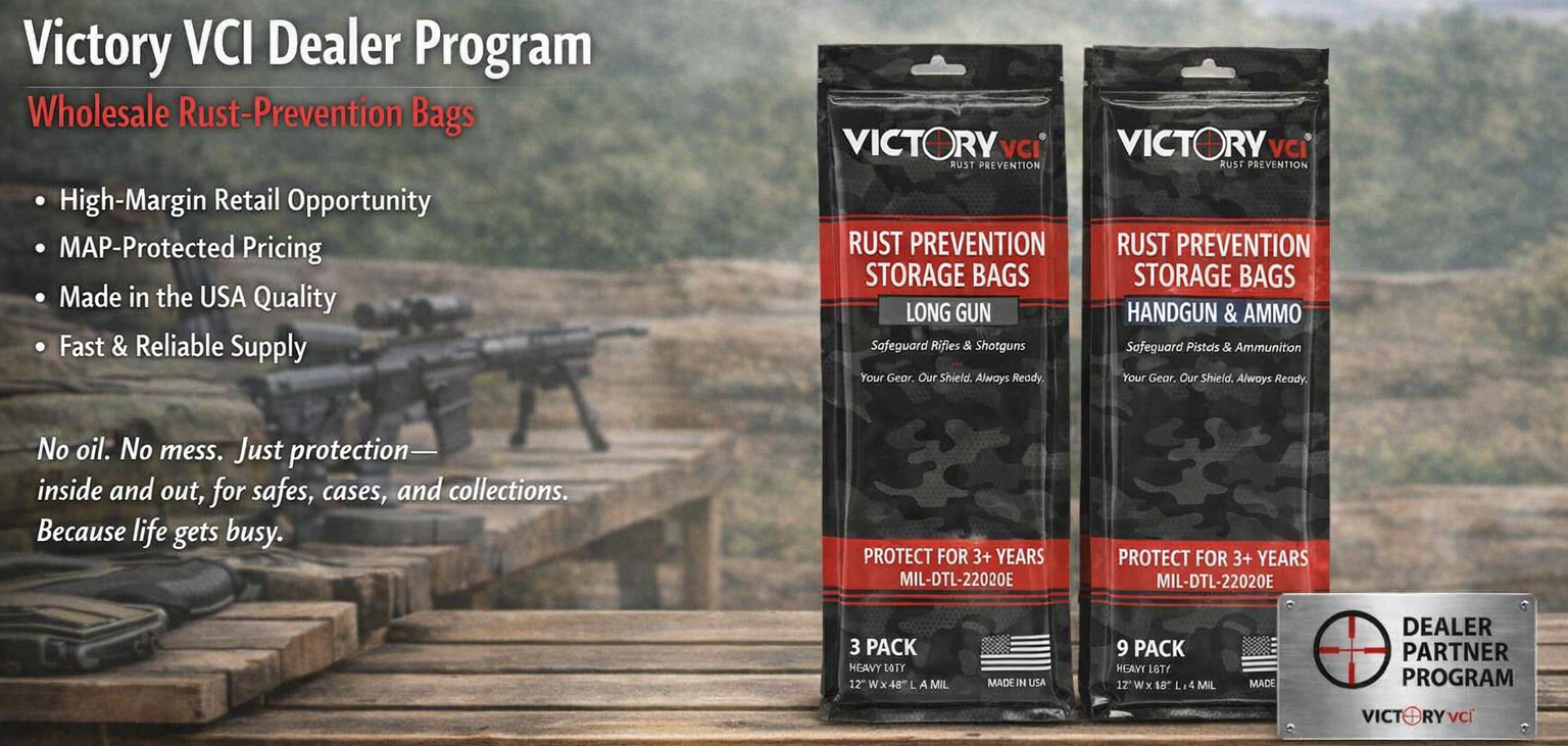 Victory VCI dealer and distributor program — bulk rust prevention storage bags for gun shops, ranges, and armories, made in the USA.