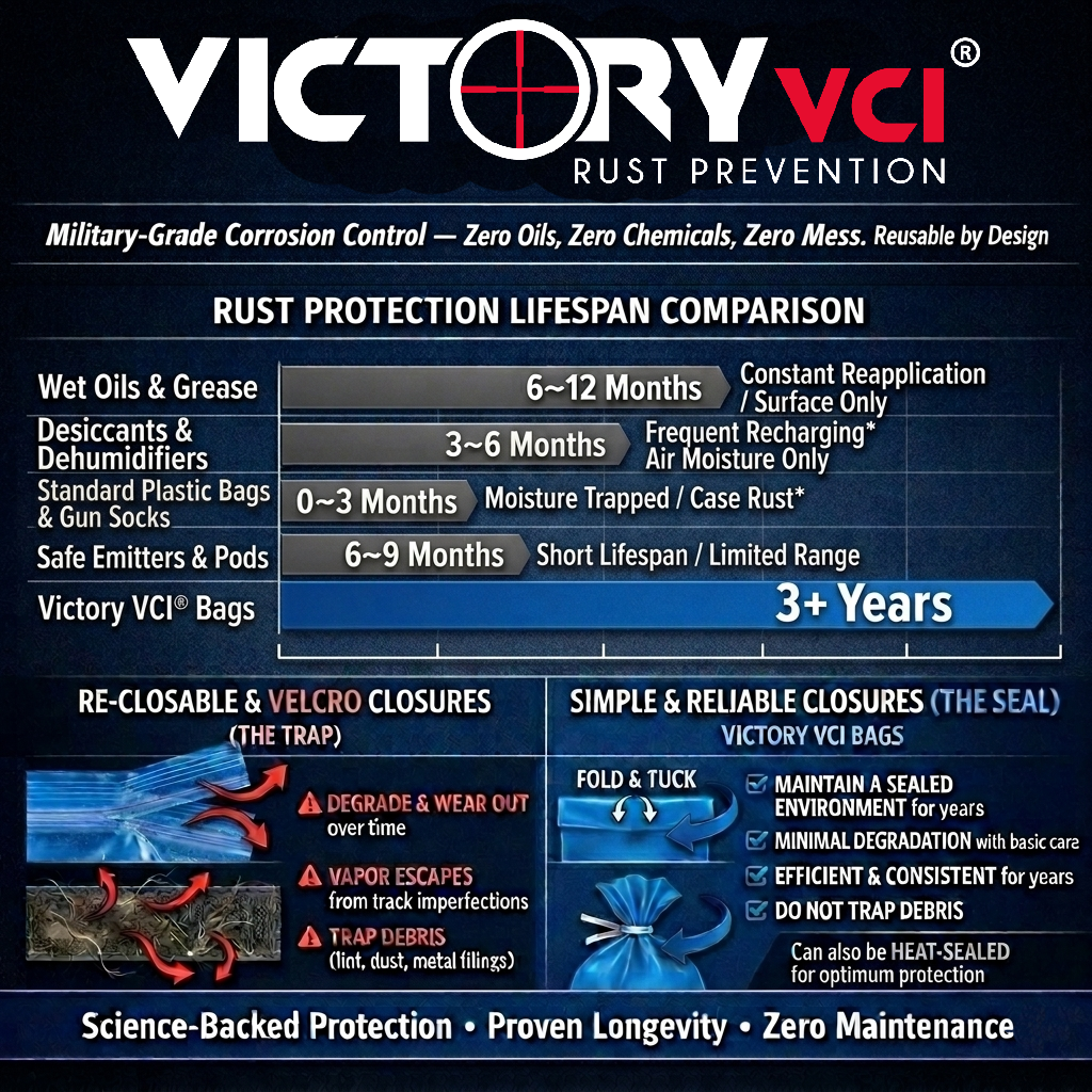 Victory VCI vs. wet oils, grease, desiccants, dehumidifiers, plastic bags, gun socks, and safe emitters - rust prevention lifespan chart.