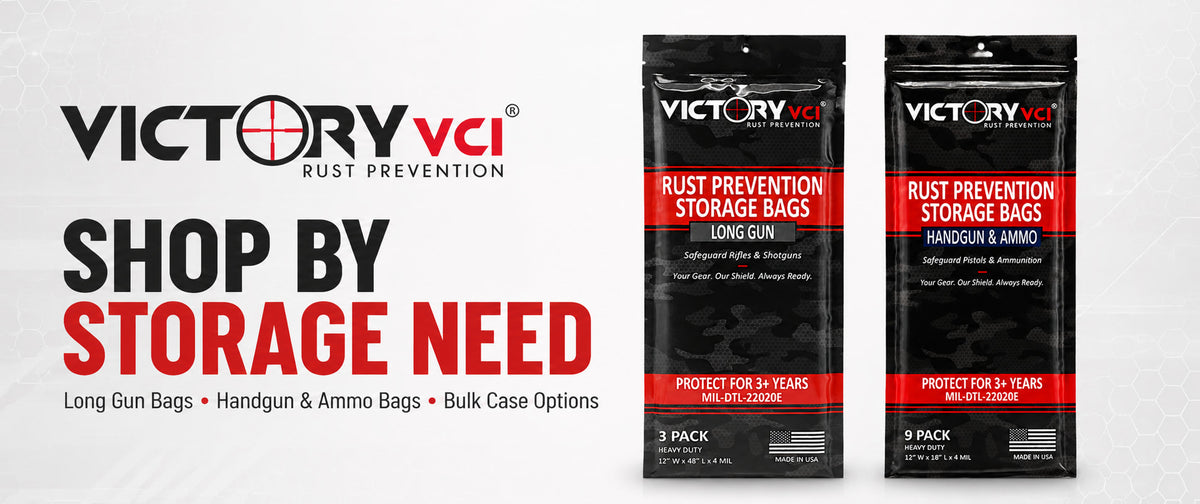 Victory VCI® Rust Prevention Shop By Storage Need — Long Gun Bags, Handgun and Ammo Bags, Bulk Case.