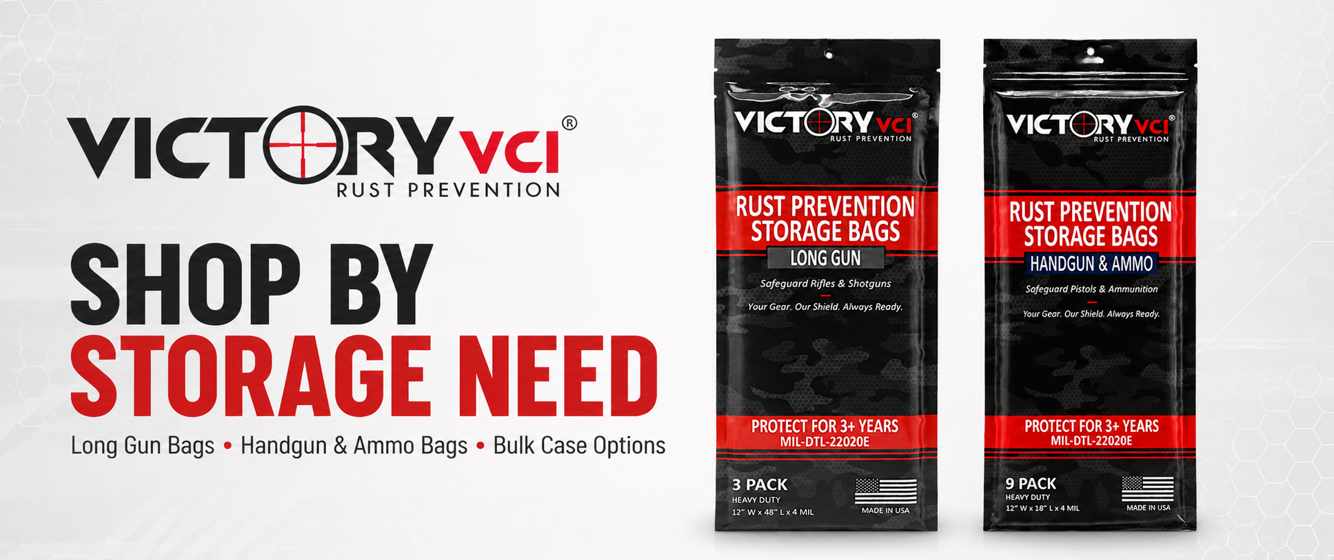 Victory VCI rust prevention storage bags — long gun and handgun ammo bags, 3-pack and 9-pack, MIL-DTL-22020E.
