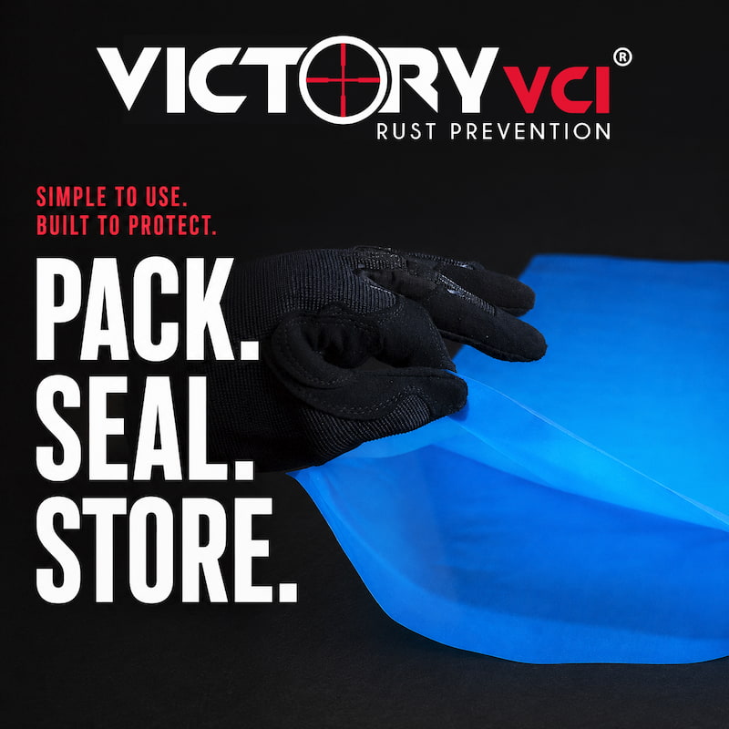 Victory VCI® bag pack-seal-store method for firearm and ammo rust prevention.
