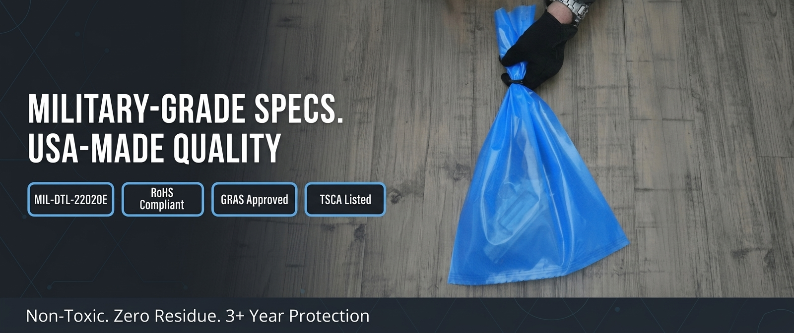 Victory VCI MIL-DTL-22020E compliant rust prevention bags — tactical gloved hands holding blue VCI storage bag.
