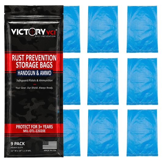 Victory VCI rust prevention storage bags, 12x18 in., 9-pack, 4-mil heavy duty VCI polyethylene, MIL-DTL-22020E compliant, made in USA