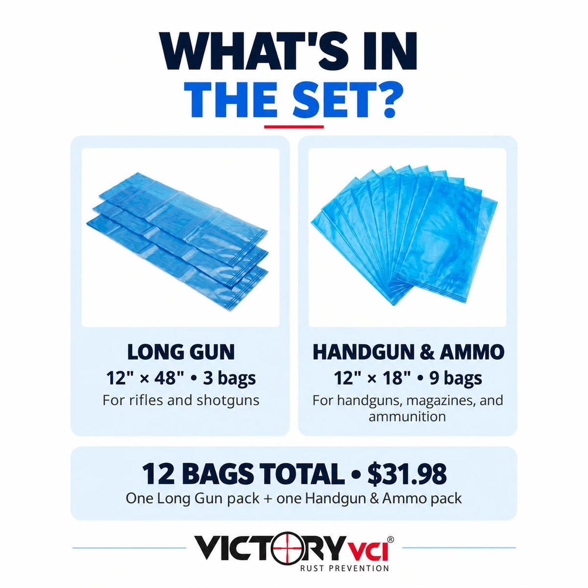 Three blue 12 by 48 inch Long Gun bags and nine blue 12 by 18 inch Handgun & Ammo bags included in the Victory VCI® storage set.