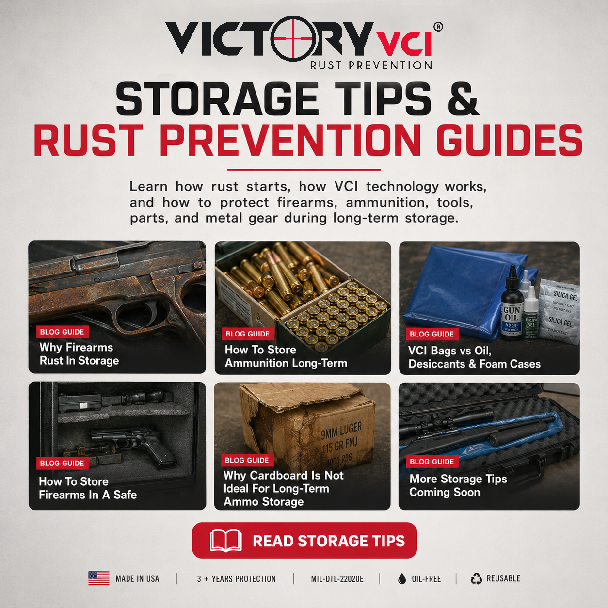 Victory VCI® educational guide covering long-term rust prevention and storage tips for firearms, ammunition, and metal gear, including comparisons of VCI technology to oil, desiccants, and cardboard.