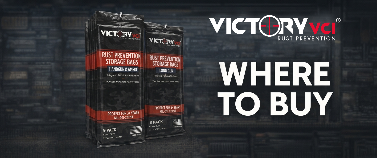 Victory VCI rust prevention storage bags hero banner with logo and Where to Buy text showing authorized retailers MidwayUSA and CSC Canada Gun Shop